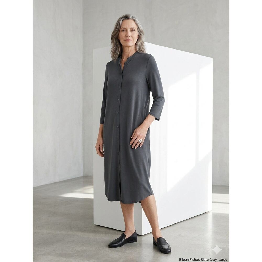 Eileen Fisher Mandarin Collar Button-Front Oversized Midi Dress Sz L Minimalist